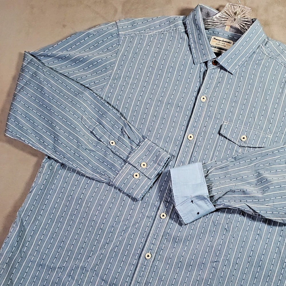 Tommy‎ Bahama Jeans Shirt Mens L Blue Chambray Stripe Island Modern Fit Resort